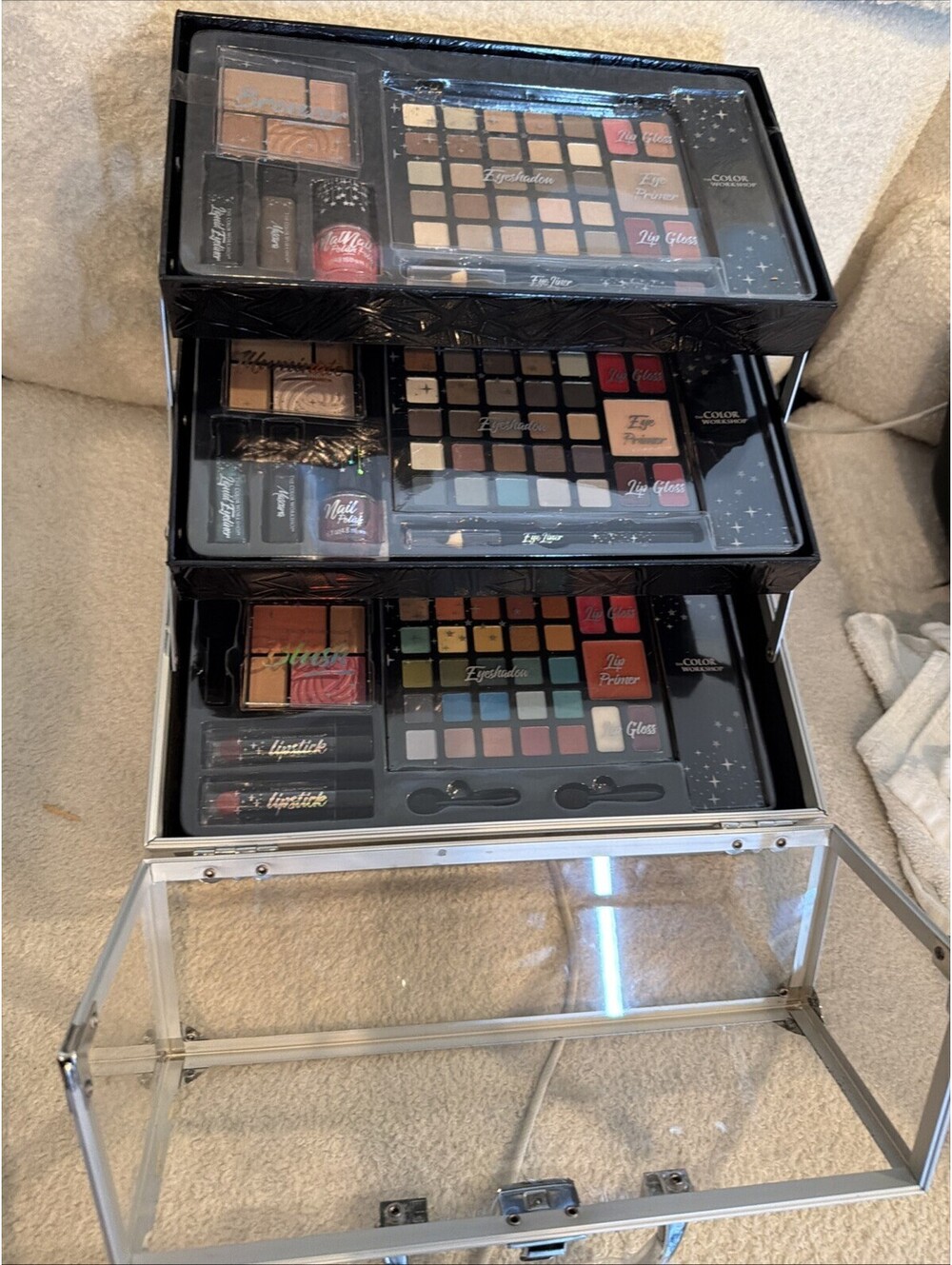 Large Makeup Set with Cosmetic Train Case Eyeshadow Lip Gloss Blush Nail Polish